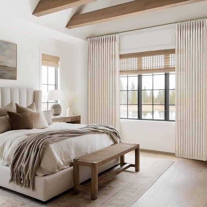 60 Inch Wide Natural Linen Textured Curtains 102 Inches Long for Sliding Glass Door, Memory Trained Pinch Pleat Non See Through Viral Curtain Light Filtering Privacy Semi Sheer Windows Drapes 2 Panels