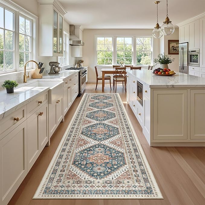 Madane Hallway Runner Rug 2'6''x12' Kitchen Runners Vintage, Navy Blue | Non-Slip Washable Rugs 12ft for Laundry Room, Entryway and Bedroom, Soft Low Pile Stain-Resistant Wide 2.5x12 Ft Floor Carpet