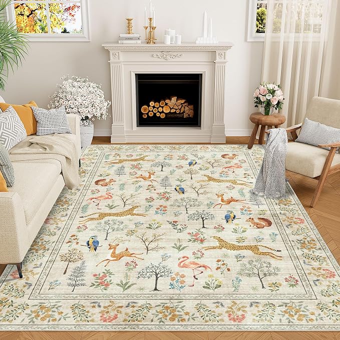 DUKINO 6x9 Area Rug, Washable Animal Living Room Rug Non Slip, Beige | Soft, Low Pile, Non-Shedding Indoor Large Carpet for Bedroom, Dining Room, Kids PlayRoom, Farmhouse, Pet Friendly, Home Decor