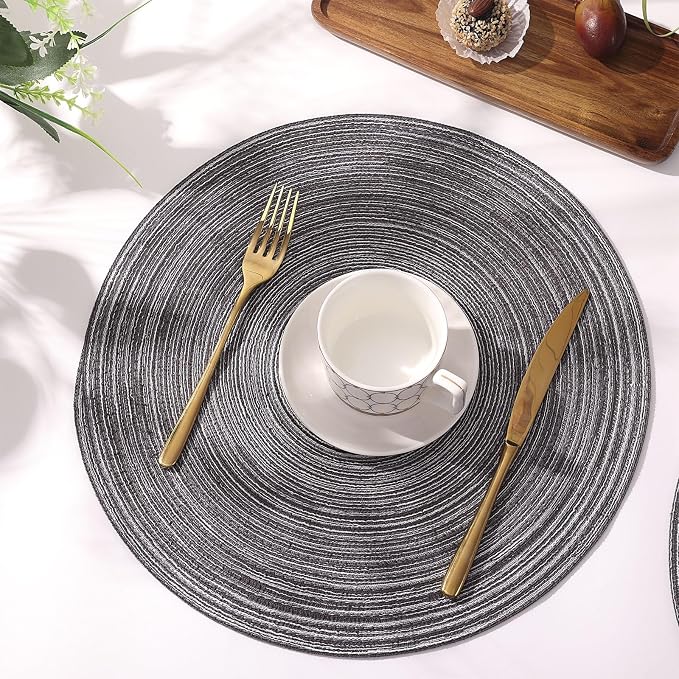 SHACOS Round Placemats Set of 4 Round Braided Placemats 15 inch Cotton Polyester Woven Table Placemats for Dining Table Holiday Party (Black Gray, 4)
