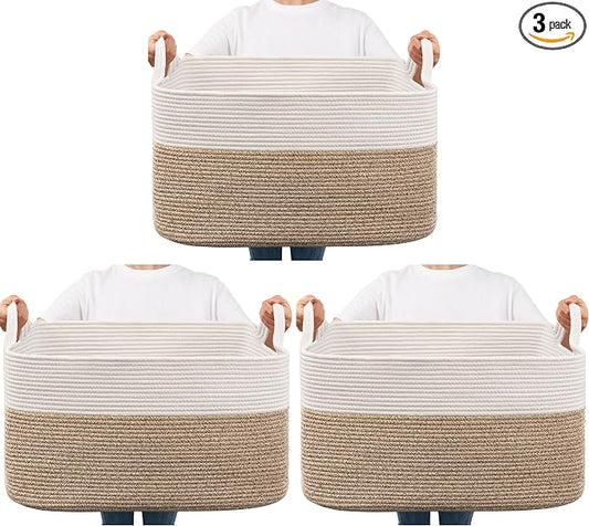 Goodpick Large Woven Blanket Basket, 21.6" x 14.9" x 11.8" Storage Baskets for Organizing, Rectangle Cotton Rope Toy Basket for Living Room, Bedroom, White & Brown (Pack of 3)