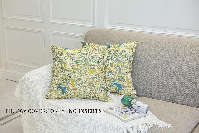 Mika Home Pack of 2 Throw Pillow Covers Decorative Pillow Shells for Sofa Couch, Paisley Pattern, 22x22 Inches,Green Brown Cream Multicolor