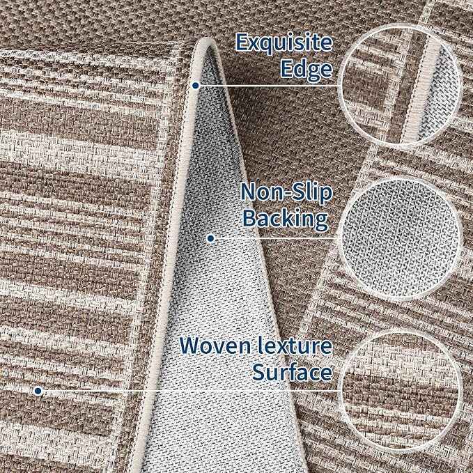 COZYLOOM Washable Rugs 8x10 Easy Jute Area Rug for Living Room, Non Slip Non Shedding Modern Bordered Carpet Stain Resistant Foldable Neutral Striped Mats for Bedroom, Dining Room, Patio, RV, Taupe