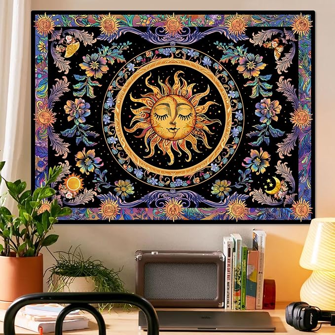 Accnicc Sun and Moon Tapestry Psychedelic Floral Plant Tapestries for Bedroom Aesthetic Hippie Boho Flower Tapestry Wall Hanging for Dorm Living Room (48'' × 36'')