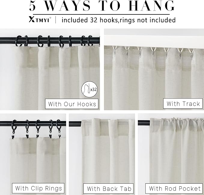 Extra Wide Curtains 70 In Width for 60 & 72 Inch Window,Pleated Back Tab Linen Semi Sheer Full Length Curtains for Living Room Sliding Glass Door 2 Panel Set,72x108,70x108,6FT x 108 Inches Long,Cream