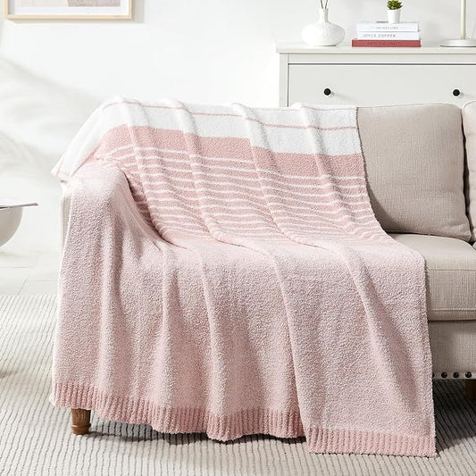 Soft Striped Throw Blanket for Couch, Cozy Warm Knitted Blankets | Lightweight Fuzzy Travel Warm Decor for Women, Mom, Girls, Sofa, Chair, 50x60in, Pink White
