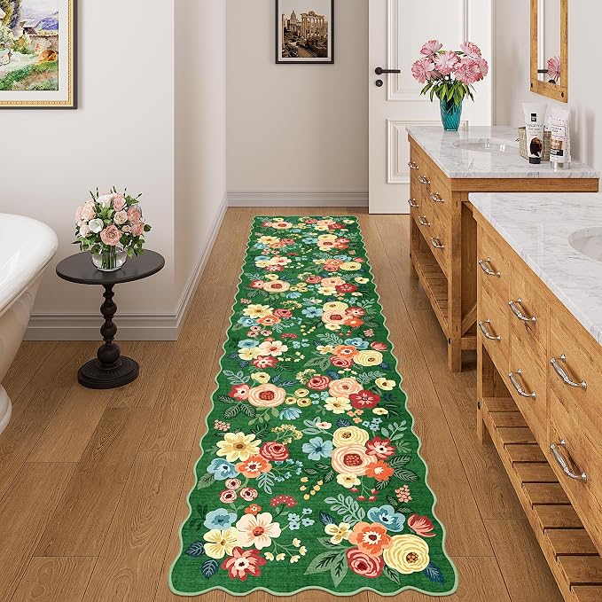 DUKINO 2x8 Washable Runner Rug, Floral Non Slip Kitchen Rugs, Dark Green | Low Pile, Soft Throw Rug Runner for Hallway, Entryway, Bedroom, Bathroom, Pet Friendly, Stain Resistant, Home Decor