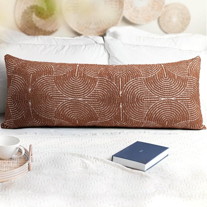 AELS Boho Decorative Textured Lumbar Throw Pillow Covers 14x36, Organic Modern Mid Century Rainbow Tufted Long Pillow Case, Farmhouse Geometric Woven Cushion Case for Bed Couch Sofa, Burnt Orange
