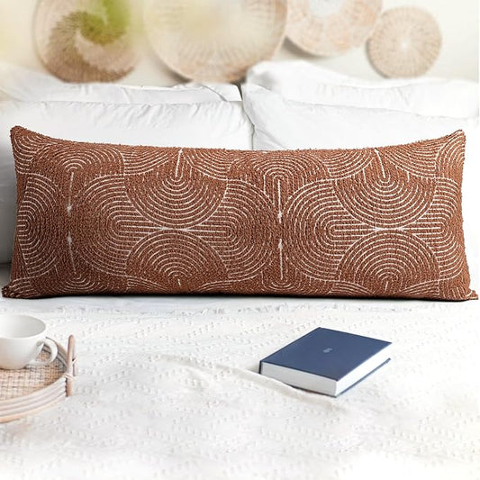 AELS Boho Decorative Textured Lumbar Throw Pillow Covers 14x36, Organic Modern Mid Century Rainbow Tufted Long Pillow Case, Farmhouse Geometric Woven Cushion Case for Bed Couch Sofa, Burnt Orange