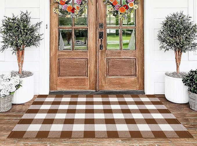 3'x5' Outdoor Rug,Coffee and White Buffalo Plaid Rug Farmhouse Front Porch Rug Machine Washable Front Door Mat Outdoor for Hello Welcome Mat,Bedroom,Entryway,Patio