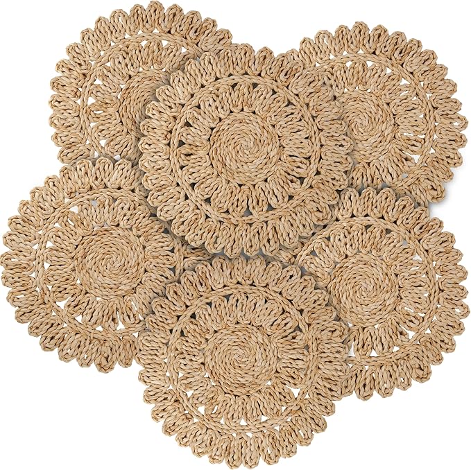 11.8" Corn Husk Woven Round Placemats Set of 6 - Wicker Boho Farmhouse Placemats - Rattan Table Mats Like Water Hyacinth for Dining Table, Wedding, Home