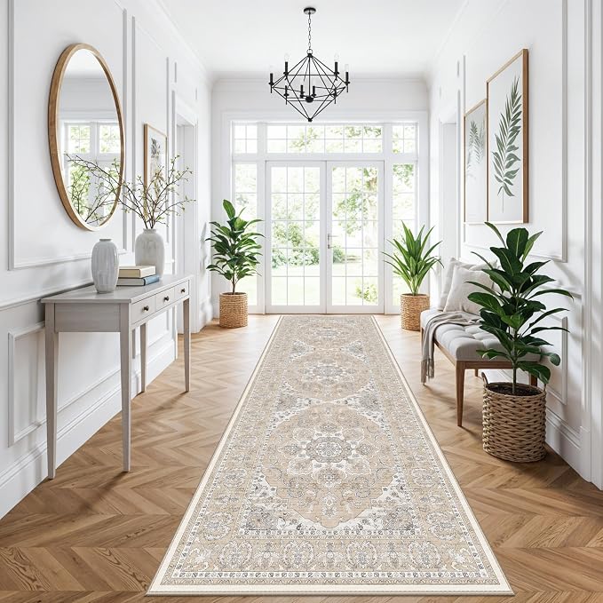 4x12ft Wide Washable Hallway Runners - Non-Slip Vintage Kitchen Rugs with Rubber Backing Stain Resistant Carpet for Dining Room Soft Thin Indoor Floor Mat for Living Room Bedroom (Beige/Cream,4x12)