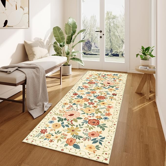 DUKINO 2x10 Runner Rug, Washable Kitchen Runner Rug Non Slip, Beige Yellow | Soft, Low Pile, Floral Indoor Rug Runner for Hallway, Entryway, Bedroom, Bathroom, Pet Friendly, Home Decor, Stain Resistant