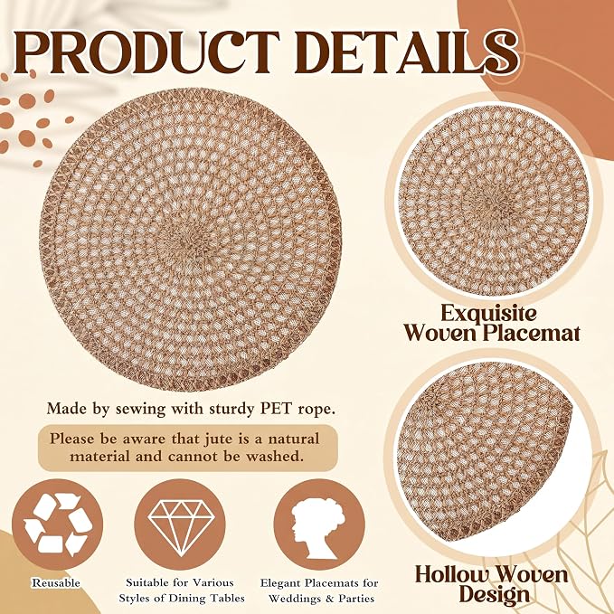 24 Pcs 13 Inch Round Burlap Placemat Boho Jute Woven Charger Bulk Rustic Vintage Natural Brown Heat Resistant Dining Table Mat for Wedding Farmhouse Craft Home Kitchen Summer Party (Classic)
