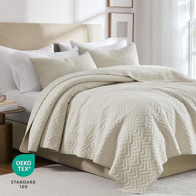 palassio Beige 100% Cotton Quilt King Size Bedding Sets with 2 Pillow Shams, Lightweight Textured Farmhouse Country Bedspread Soft Shabby Chic Patterned Coverlet for All Season, 3 Pieces