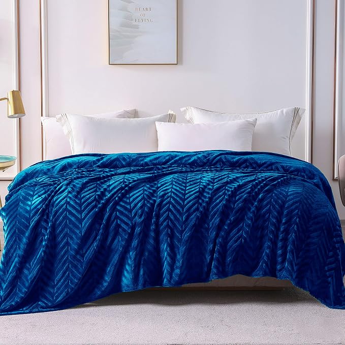 Whale Flotilla Flannel Fleece Bed Blanket Queen Size, Royal Blue | Lightweight Breathable Soft Bedspread, Plush Fluffy Coverlet Chevron Design Decorative Blanket for All Season, 90x90 Inch