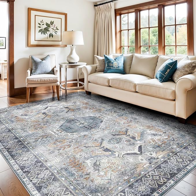 Washable Living Room Area Rug - 8x10 Large Bedroom Rug Distressed Oriental Non-Slip Non-Shedding Print Floor Carpet for Dining Room Kitchen (Grey/Blue,8 x 10)