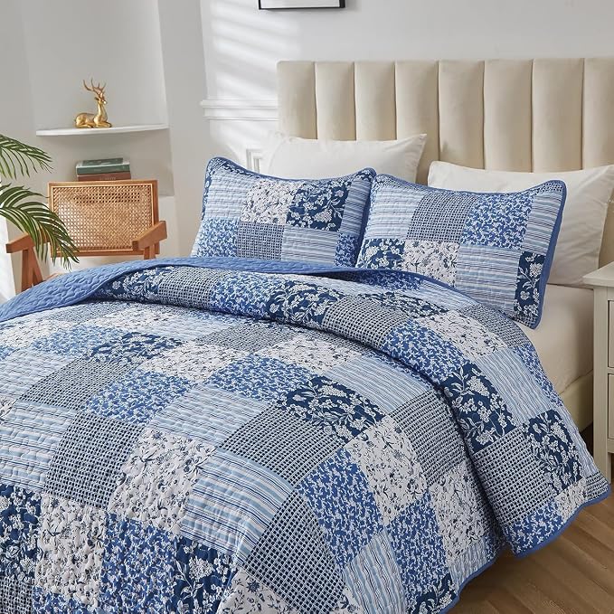 Mybedsoul Blue Quilt Set Full Size, Patchwork Floral Bedding Set | Soft Lightweight Microfiber Coverlet Set, 3 Pieces Plaid Reversible Bedspread, Bed Sets for All Seasons 78"x90"