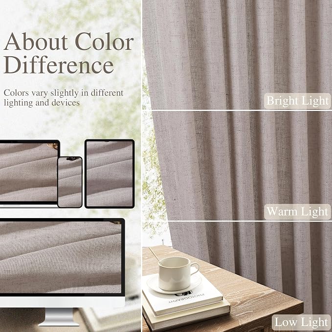 Linen Curtains 96 Inches Long for Living Room Back Tab Semi Sheer Floor to Ceiling 8ft Light Filtering Curtain Boho Farmhouse Decor Window Drapes for Bedroom 52x96 2 Panels Brownish Grey