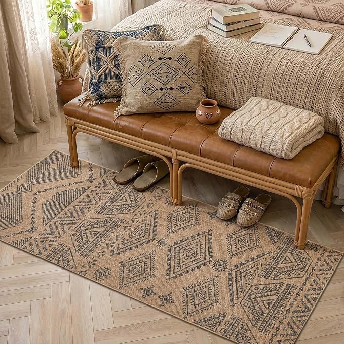 jinchan 2x5 Faux Jute Runner Rug Washable Boho Hallway Rug Natural Charcoal | Southwestern Geometric, Non-Slip Low Pile, Indoor Outdoor, High-Traffic, Kitchen, Bathroom, Laundry, Porch, Balcony, Entryway