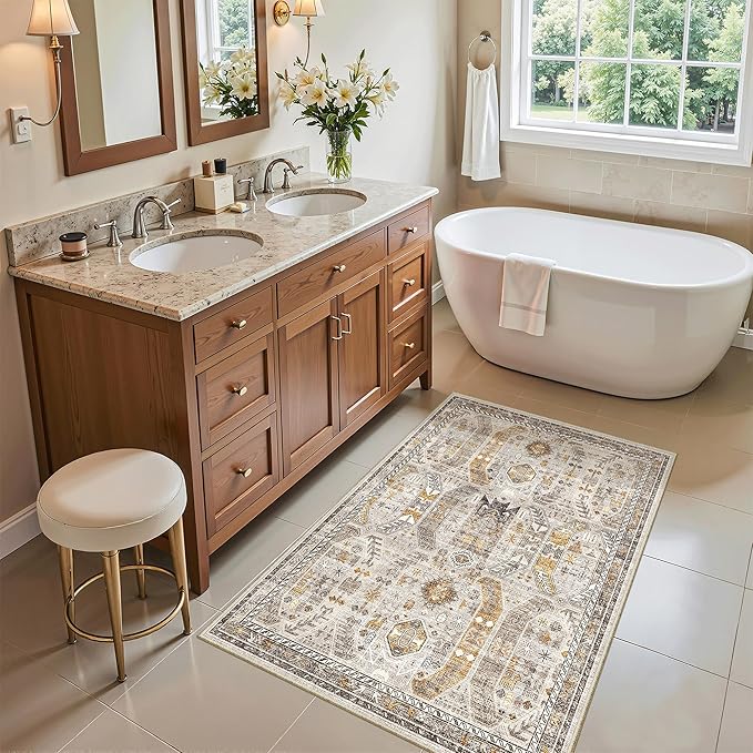 Madane Washable Area Rug 2x3 Small Entryway Rugs Non-Slip, Brown/Gold | Vintage Stain-Resistant Door Mat Indoor Entrance, Low Pile Floor Carpet for Inside Front Bedroom Kitchen Entry Laundry, Stair