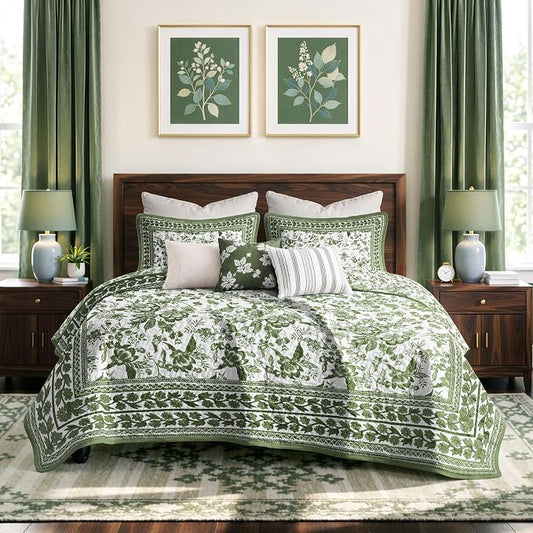 FLYMME Green Vintage Floral Quilt Set King/Cal King Size, 3-Piece Classic Reversible Bedspread Coverlet with 2 Pillow Shams, Lightweight Botanical Bedding Set for All Season