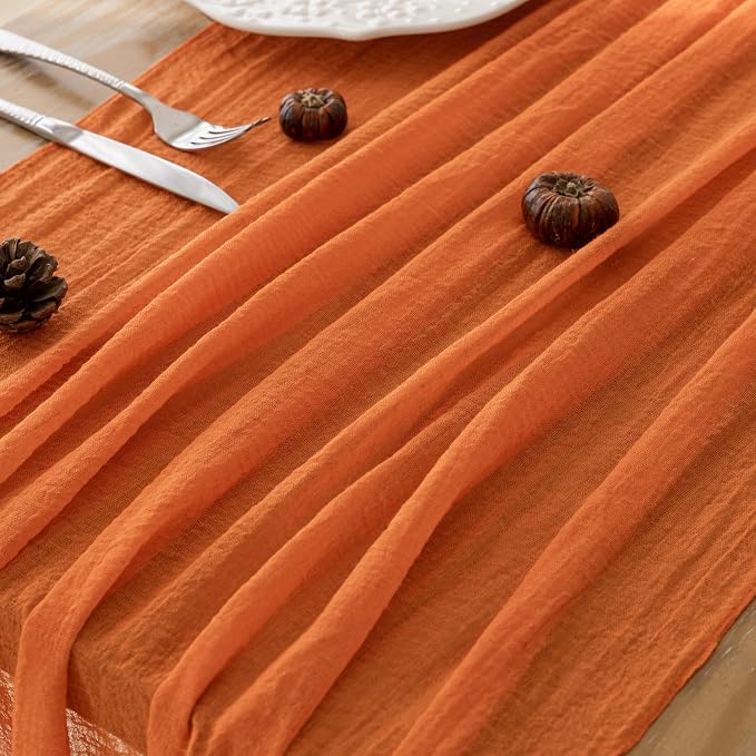3Pcs Fall Orange Cheesecloth Table Runner 120 Inch Party Home Decor | For Thanksgiving Friendsgiving Wedding Bridal Shower Baby Shower Engagement Party 10FT Rustic Boho Home Decorations