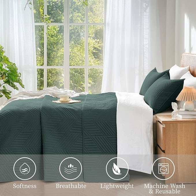 Davulos Twin Quilt Set,Forest Green Lightweight Reversible Bedspread for All Seasons,Soft Modern Microfiber Geometric Coverlet for Dorm Room or Guest Bedroom(1 Quilt,1 Pillow Sham)