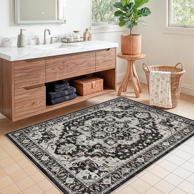 Non-Slip Washable 3x4 Entryway Rug - Boho Low Pile Throw Rugs for Kitchen Entrance Bedroom Soft Thin Area Rugs for Hallway Front Door Bathroom Vintage Distressed Home Decor (Black/Beige/Grey,3x4)