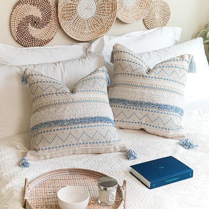 BlissBlush Decorative Throw Pillow Covers 20x20 Combo Set of 2 Square Coastal Blue Boho Accent Pillowcase Tassels Farmhouse Cushion for Couch Sofa Bedroom Living Room Home Décor Cover ONLY