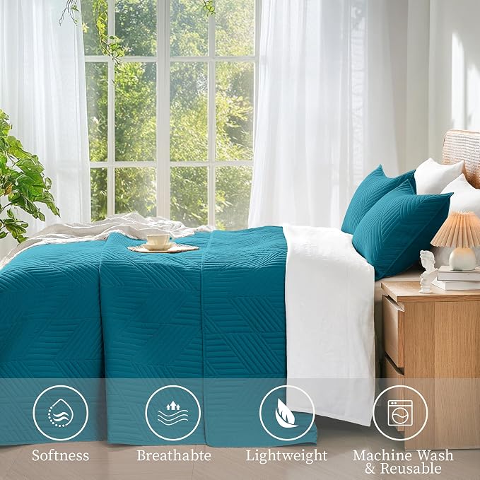 Davulos Twin Quilt Set,Teal Lightweight Reversible Bedspread for All Seasons,Soft Modern Microfiber Geometric Coverlet for Dorm Room or Guest Bedroom(1 Quilt,1 Pillow Sham)