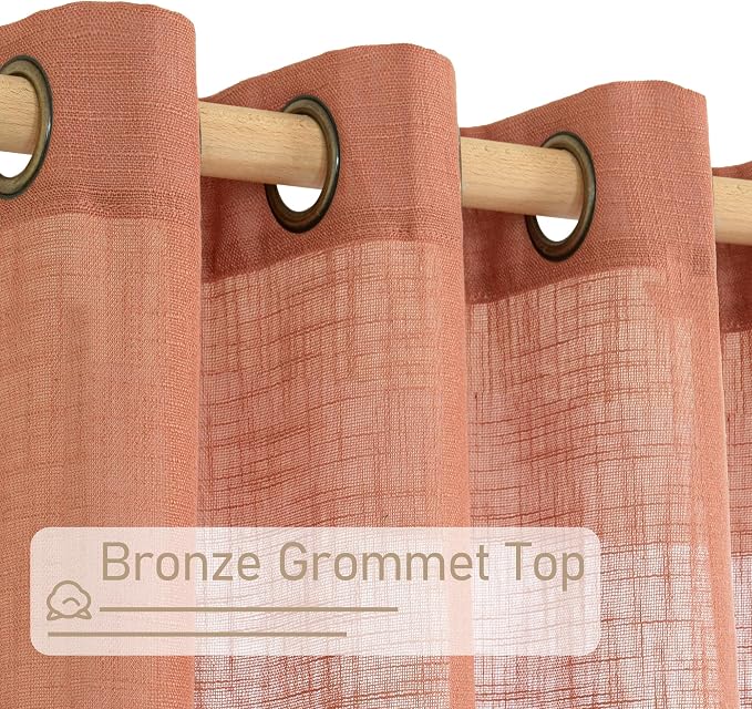 Short Linen Curtains 40 Inch Length for Kitchen 2 Panels Set | Semi Sheer, Light Filtering Curtains, Farmhouse Boho, Drapes for Cafe, RV Camper, Bronze Grommet, Terracotta, 34 x 40 Inch