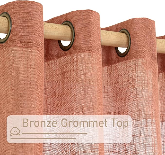 Terracotta Linen Sheer Curtains 90 inch Length for Living Room | Soft Thick Light Filtering Panels, Neutral Boho, Fall Decor, Drapes for Bedroom, Bronze Grommet, 2 Panels Set, 52 x 90 Inch