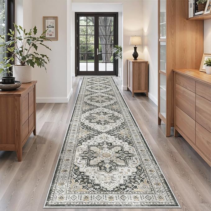 Madane Hallway Runner Rug 2'6''x16' Kitchen Runners Vintage, Black | Long Non-Slip Washable Rugs 16ft for Entryway Laundry and Bedroom, Stain-Resistant Low-Pile 2.5x16 Ft Floor Carpet