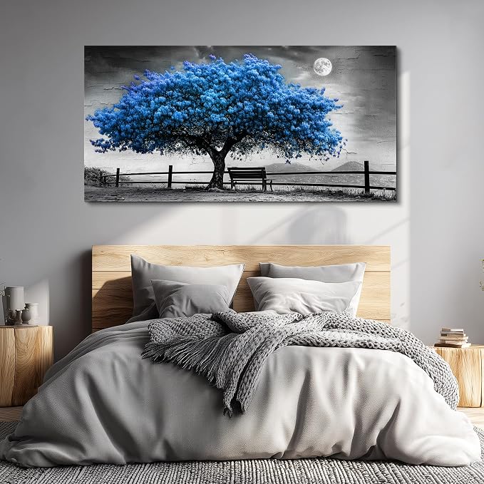 FUHAIHUA Large Wall Decor For Living Room Canvas Wall Art For Office Modern Wall Decorations For Bedroom Black And White Landscape Painting Blue Tree Pictures Artwork Room Home Decor 24x48 In