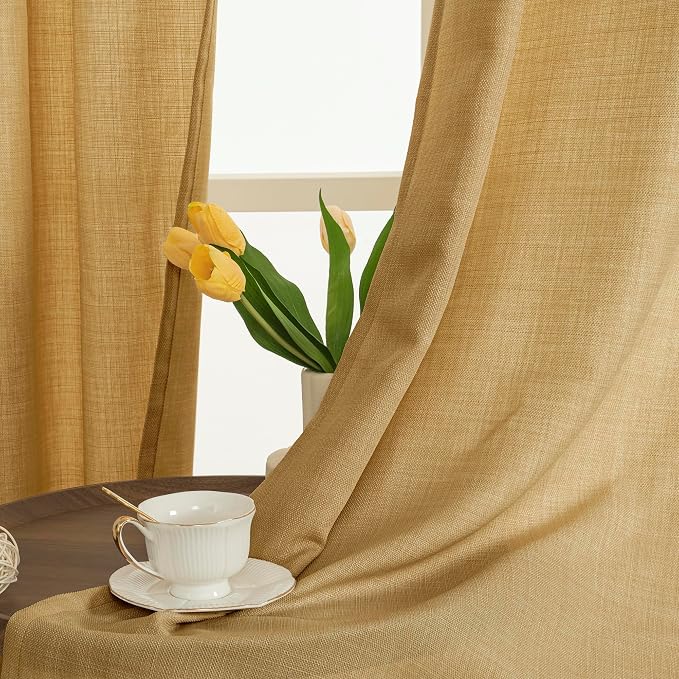 Light Filtering Faux Linen Curtains for Bedroom, Caramel Brown | Thick Linen Textured, Soft, Privacy Sheer Window Burlap Curtains, Living Room, Farmhouse, Grommet, 52 x 63 Inch, 2 Panels