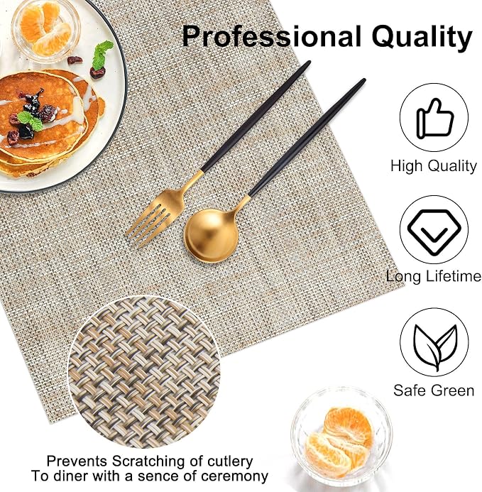 Vinyl Placemats Set of 8, PVC Woven Washable Non-Slip Table Mats, Heat Resistant Wrinkle Free Place Mats for Dining Table, Easy to Clean (8, Caramel)