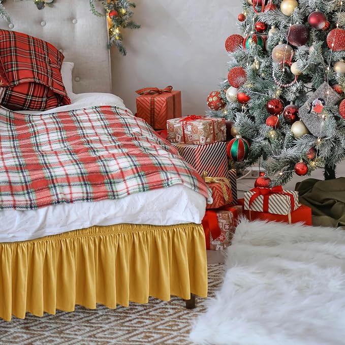Wrap Around Bed Skirt King Size 12 Inch Drop-Elastic Dust Ruffle Gold | Adjustable Pleated Bedskirt-Easy Fit Wrinkle Resistant Washable Hotel Quality Fabric Bed Skirting-Master Guest Bedroom Rental