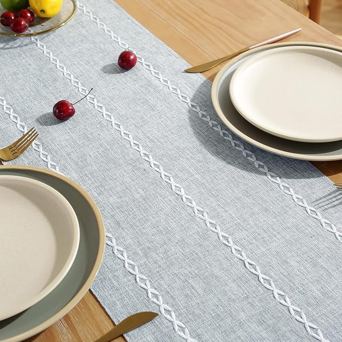 Wracra Rustic Linen Table Runner, Dusty Blue Table Runners 60 inches Long | Raised Embroidered Design and Hand-Tassels;Cotton Linen Woven Fabric; Farmhouse Table Runner;Home Kitchen Dining Decor