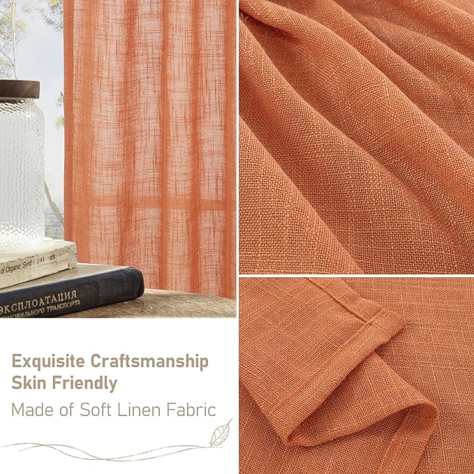 Burnt Orange 78 inch Linen Curtains for Living Room 2 Panels | Linen Textured, Light Filtering Semi Sheer Panels, Fall Decor, Drapes for Bedroom, Farmhouse, Bronze Grommet, 52 x 78 Inch