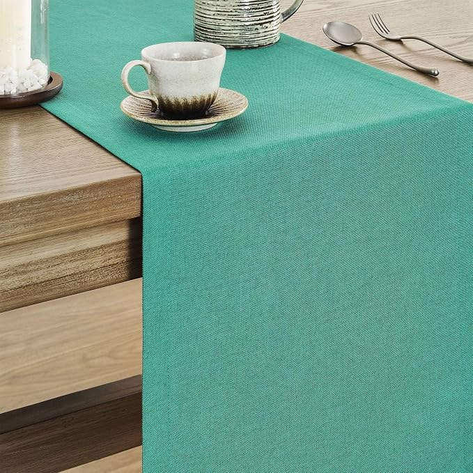 ZeeMart Basic Linen Style Table Runner, 14x90 Inch Teal | Mitered Corner Design, Medium Weight Fabric, Rustic Farmhouse Style, Machine Washable Easy Care Everyday Table Scarf