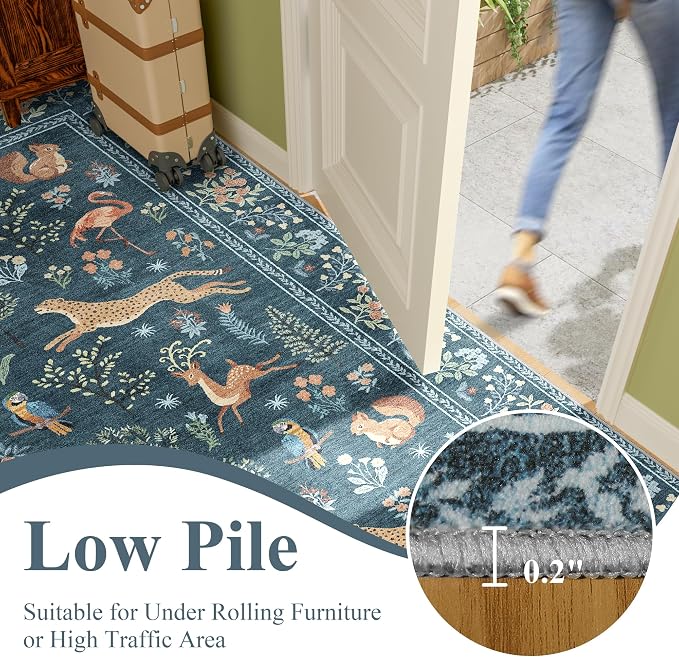 DUKINO 5x7 Area Rugs, Washable Animal Rug for Living Room Non Slip, Blue | Low Pile, Soft Indoor Carpet for Bedroom, Kids Room, Dining Room, Pet Friendly, Farmhouse, Stain Resistant, Non-Shedding