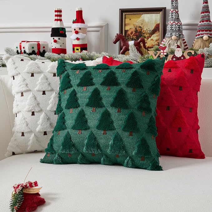 UGASA Christmas Decorative Pillow Covers 16x16 Inch Soft Plush Faux Fur Jacquard Throw Pillows Pillowcases for Couch Sofa Holiday Festivals Winter Home Decor Set of 2 Cream