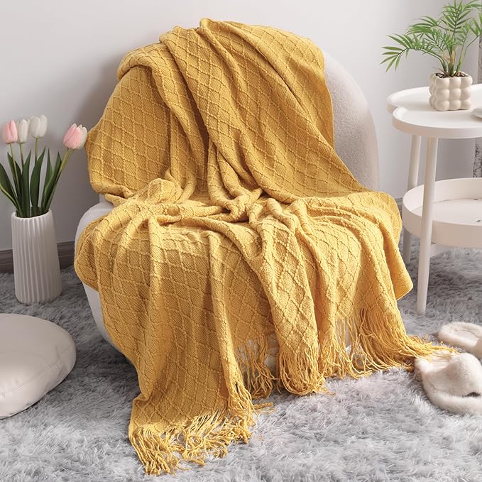 NTBAY Acrylic Knit Throw Blanket, 60 x 80, Mustard Yellow Checkered | Lightweight Acrylic Wave-Knit Throw with 7 Inch Tassels for Sofa, Bed, Reading, Travel, and Decorative Layering