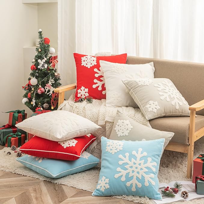 18x18,Cotton Christmas Blessing Throw Pillow Cover for Bed Sofa Cushion Car Snowflake Embroideried Pillowcases,1pair White
