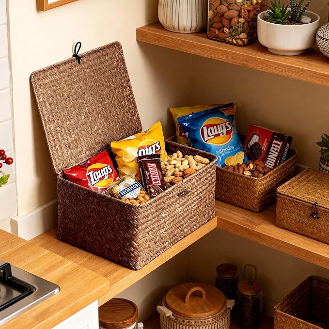 Nonam Large Wicker Basket with Lid,Seagrass Shelf Storage Basket,Coffee | Basket Container for Organizing, Boho Decorative Basket, Rectangular Household Storage Boxes for Home Organization