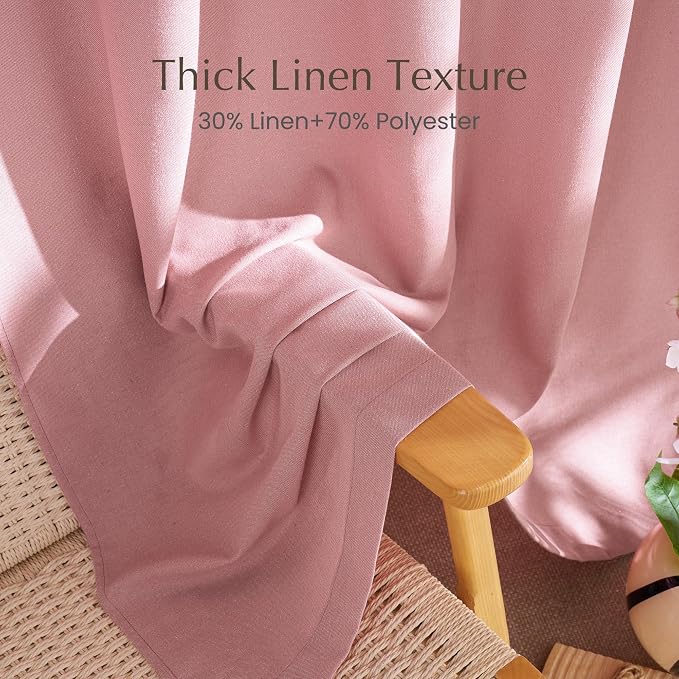 NICETOWN Thick Pink Sheer Curtains 96 inches Long for Girls Room, Rod Pocket & Back Tab Flax Linen Burlap Window Treatments Privacy Assured with Light Filtering for Bedroom, W55 x L96, 2 Panels