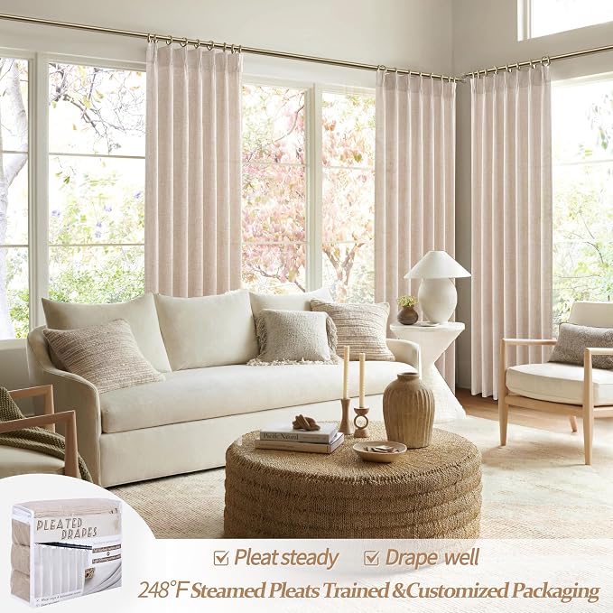 Pinch Pleat Linen Sheer Curtains 90 Inches Long for Living Room, Elegant Boho Thick Burlap Pleated Memory Trained Viral Curtain Kid Room/Office 2 Panel Set Light Filtering Privacy 90 Inch Length Taupe