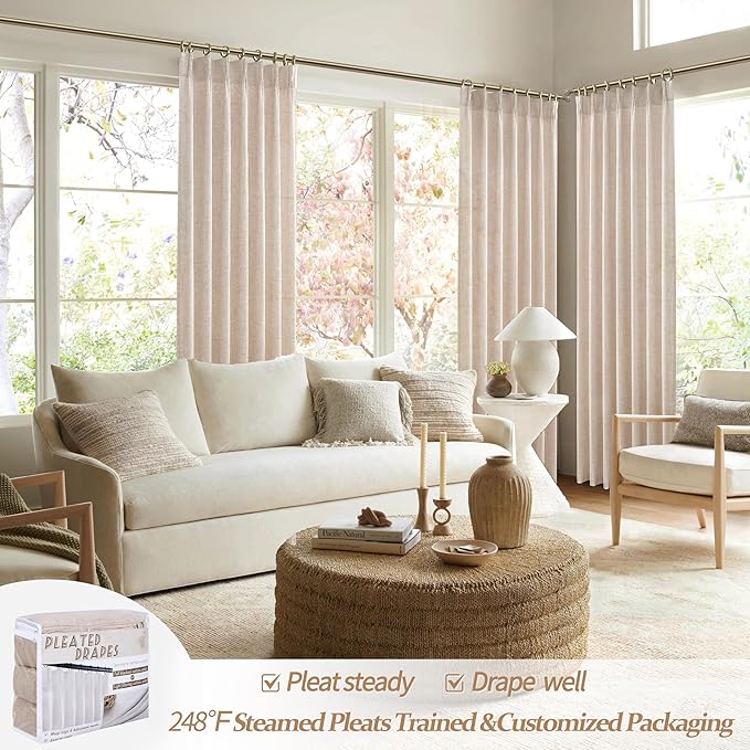 PleatedDrapes Textured Semi Sheer Burlap Curtains 84 Inches Long, Neutral Country Tan Beige Flax Linen Ceiling Track Light Filtering Curtains for Sliding Glass Door/Ofiice 2 Panels Hooks Privacy Drape
