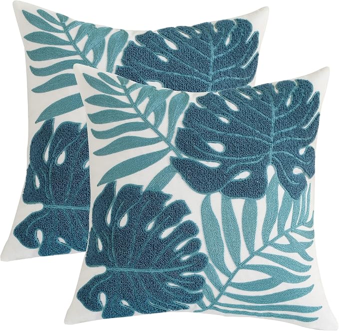 Embroidered Throw Pillow Covers 18x18 Pack of 2 Blue Botanical Leaf